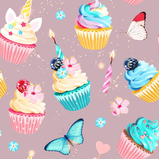 Vector seamless pattern with cupcakes and candles