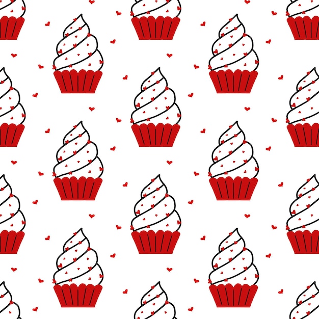 Vector seamless pattern with cupcakes. Cute pattern with muffins for Valentine's day. Doodle style. Vector illustration