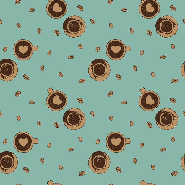 Vector seamless pattern with cups coffee and coffee beans. illustration cups with hearts sketch engraving style for coffee shop or packaging. vintage background with brown details on blue backdrop.