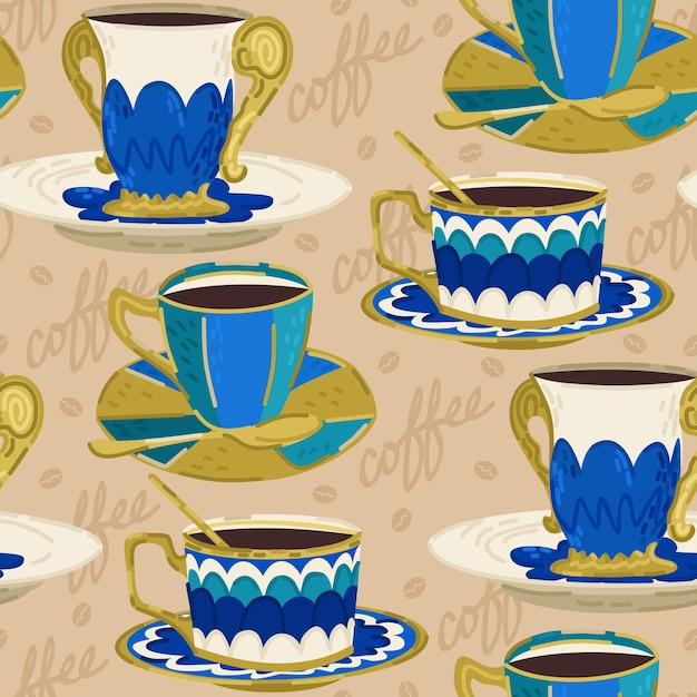 Vector seamless pattern with cups of coffee and lettering on beige background