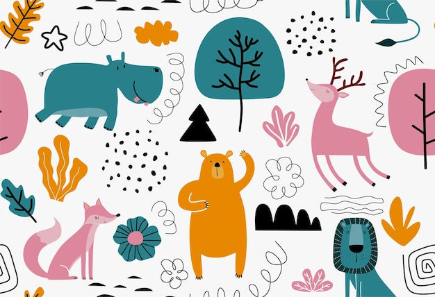 Vector seamless pattern with cute animal
