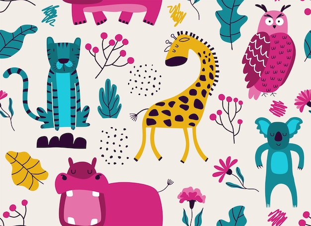 Vector seamless pattern with cute animal