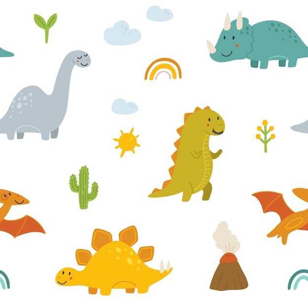 Vector seamless pattern with cute baby dinosaurs Hand drawn brontosaurus tyrannosaurus pterodactyl triceratops stegosaurus Set of flat cartoon vector illustrations isolated on white background