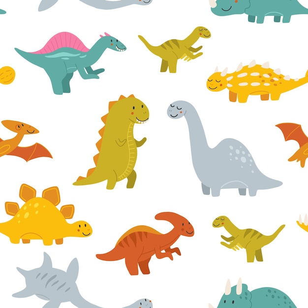 Vector seamless pattern with cute baby dinosaurs Hand drawn brontosaurus tyrannosaurus pterodactyl triceratops stegosaurus spinosaurus plesiosaurus ankylosaurus velociraptor parasaurolophus