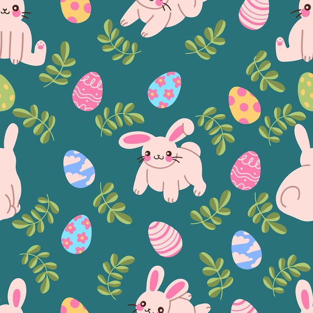 Vector seamless pattern with cute bunnies, eggs and plants for Easter