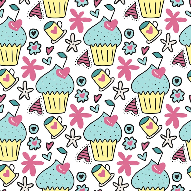Vector seamless pattern with cute cakes cherries in the form of hearts and flowers