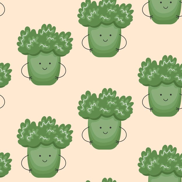 Vector seamless pattern with cute cartoon broccoli healthy nutrition concept vegetable characters