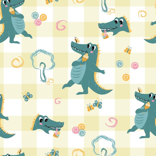 Vector seamless pattern with cute cartoon crocodile with ice cream and doodle elements