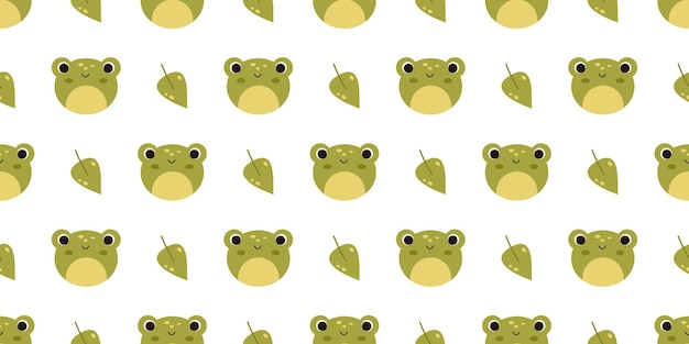 Vector seamless pattern with cute frogs and leaves Kawaii baby frogs on white background Funny childish seamless pattern