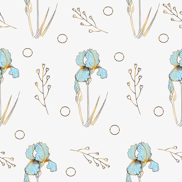 vector seamless pattern with cute golden flower iris art deco