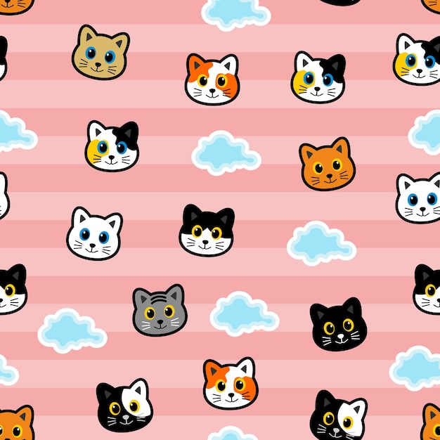 vector seamless pattern with cute kitty cat head cartoon