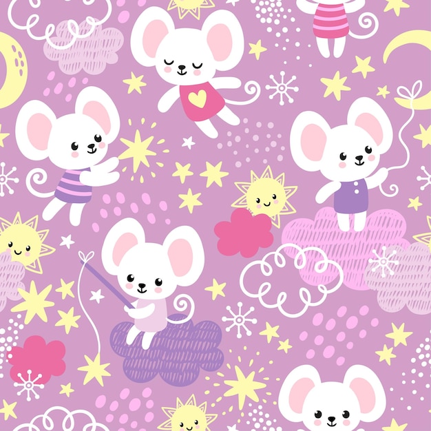 Vector seamless pattern with a cute little mouse who sits on the clouds. pattern with animal in cart