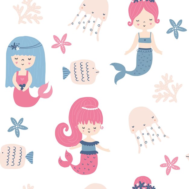 Vector seamless pattern with cute mermaid girls and underwater elements