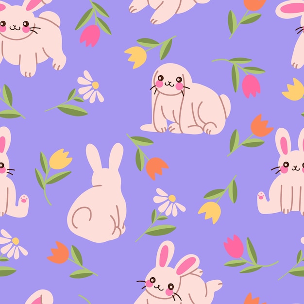 Vector seamless pattern with cute rabbits and plants for Easter.