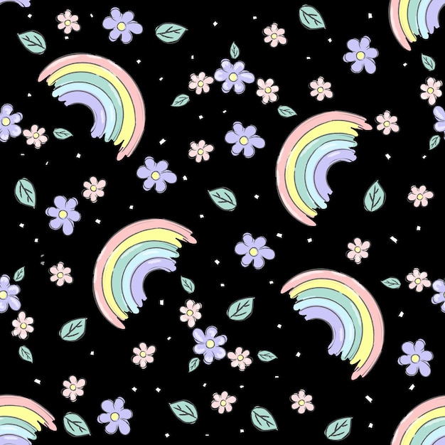 Vector seamless pattern with cute rainbows and spring flowers on black backgrounds for kids baby texture for fabric textile wallpaper apparel wrapping