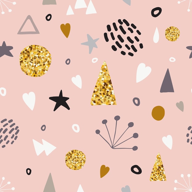 Vector seamless pattern with decorative golden pink grey hand drawn elements