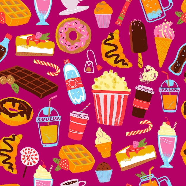 Vector seamless pattern with dessert, drink, snack illustration