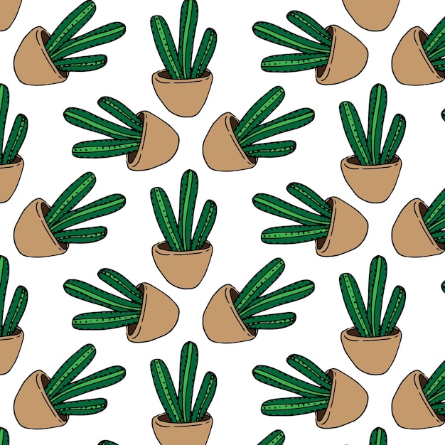 Vector seamless pattern with different cactus. Bright repeated texture with green cacti.