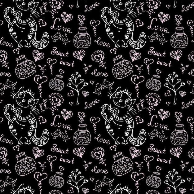 vector seamless pattern with different cute animals objects and hearts on black