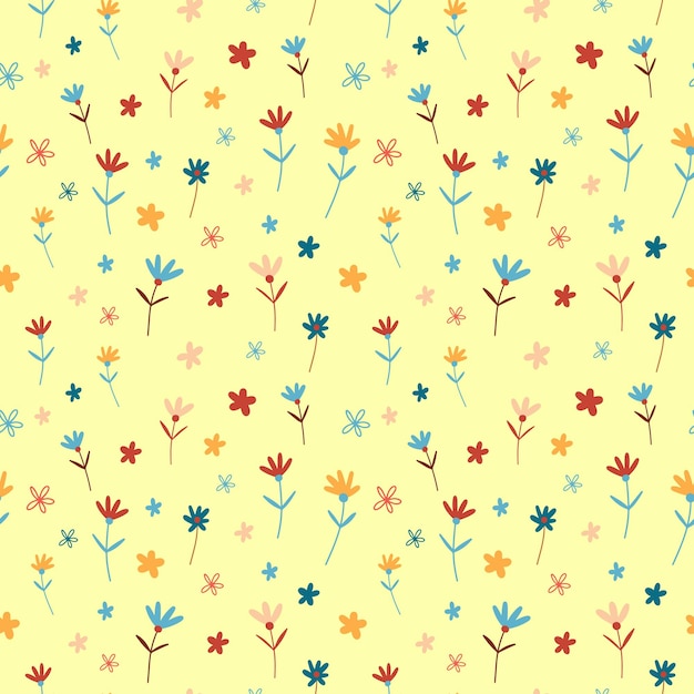 Vector seamless pattern with different hand drawn flowers on a sandy yellow background