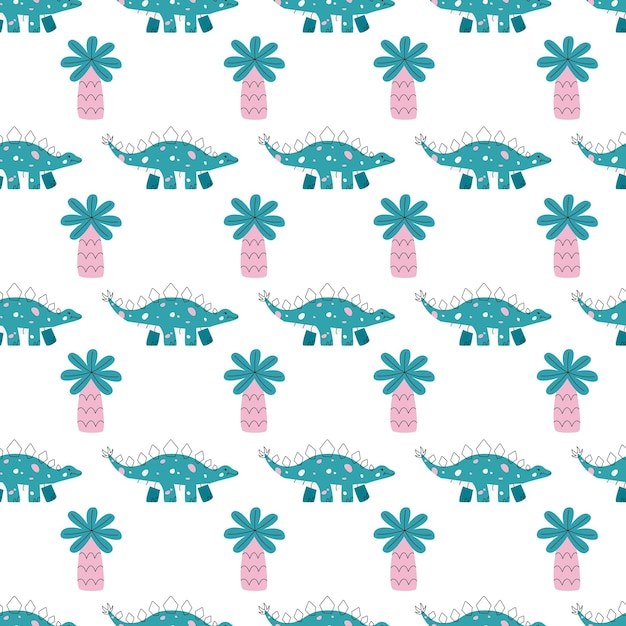 Vector vector seamless pattern with dinosaur and palm
