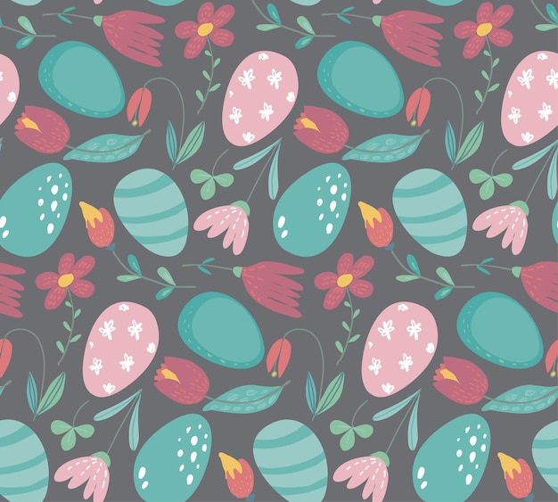 Vector seamless pattern with easter eggs and spring flowers beautiful endless background