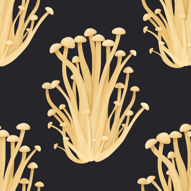 Modello senza cuciture vettoriale con fungo enoki su struttura senza cuciture nera modello di disegno del cespuglio di funghi enoki del fumetto disegnato a mano per carta da parati tessile stampa di funghi flammulina velutipes