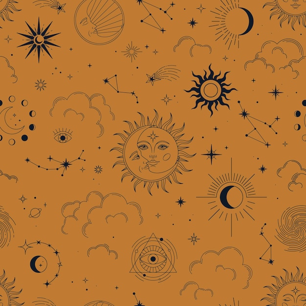 Vector vector seamless pattern with esoteric mystical elements.