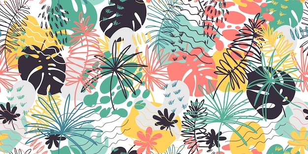 Vector seamless pattern with floral hand drawn elements Bright color tropical background Jungle repeatable backdrop