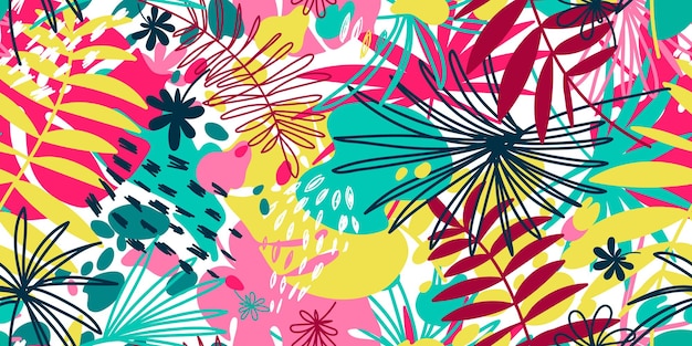 Vector seamless pattern with floral hand drawn elements. Bright color tropical background.