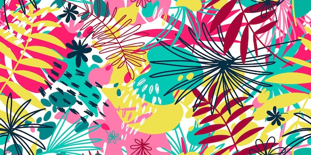 Vector seamless pattern with floral hand drawn elements. bright color tropical background.