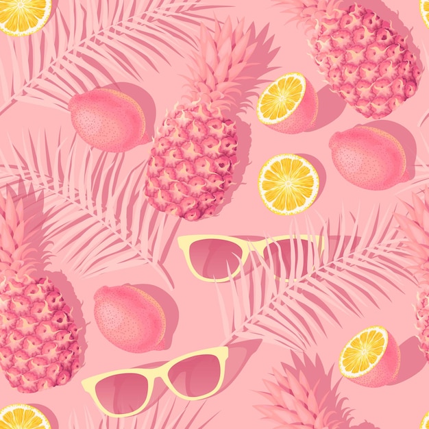 분홍색 배경에 꽃과 열대 과일이 있는 벡터 원활한 패턴