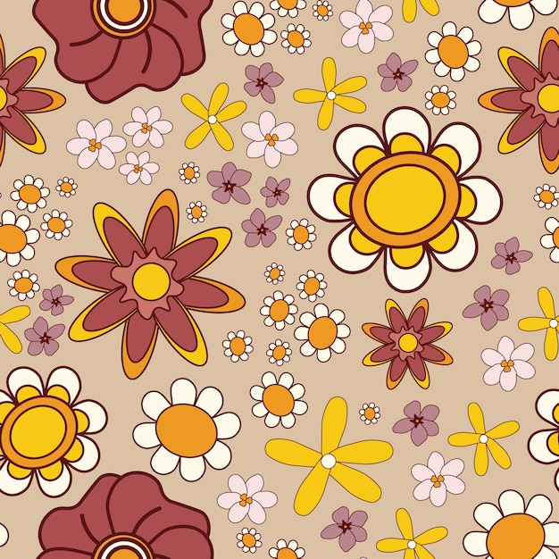 Vector seamless pattern with flowers on biege background. Groovy retro style.