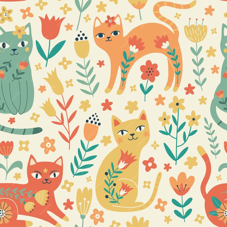 Premium Vector | Vector seamless pattern with flowers and cats cute ...
