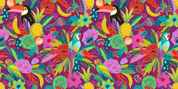 Vector vector seamless pattern with flowers fruits birds musical instruments brazil carnival