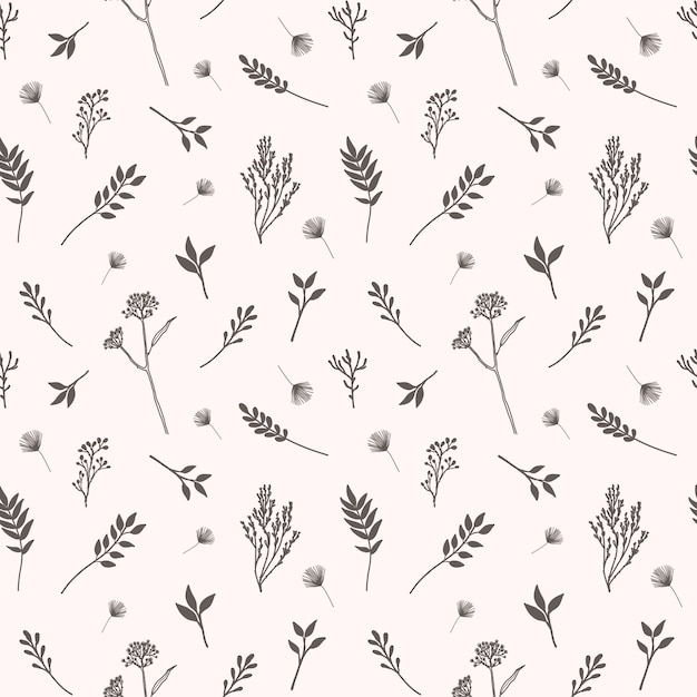 Vettore vector seamless con fiori, erbe e elementi botanici in stile disegnato a mano