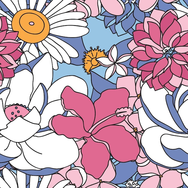 Vector seamless pattern with flowers and leaves in pastel colors