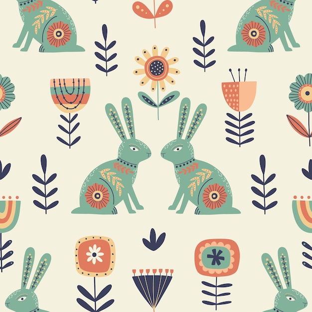 Vector vector seamless pattern with flowers rabbits in folklore style easter background