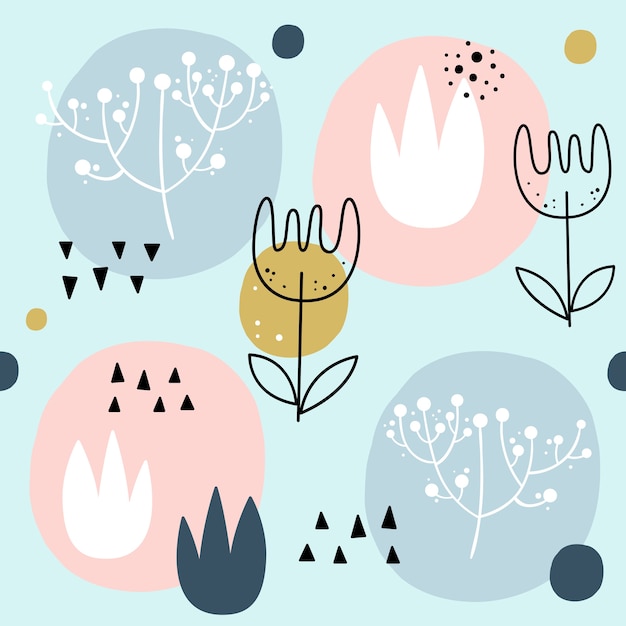 Vector seamless pattern with flowers. scandinavian style.