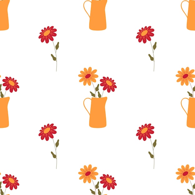 Vector seamless pattern with flowers stylized chrysanthemums and jug in orange red and green colors