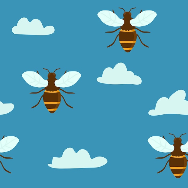 Vector seamless pattern with flying cartoon bees and flowers background Illustration