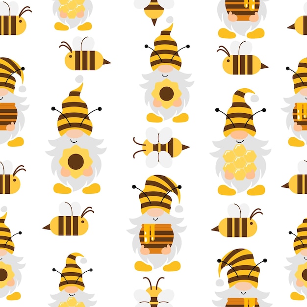 Vector seamless pattern with flying cartoon bees and gnomes on white background Illustration for magazine book poster card web pages