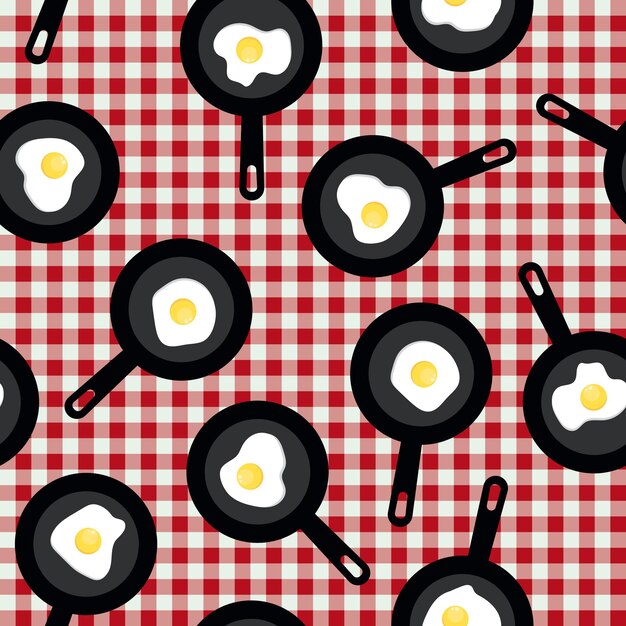 Vector seamless pattern with frying pans Frying pan with scrambled eggs