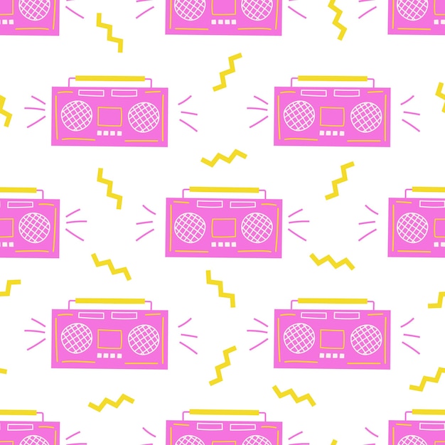 Vector seamless pattern with fun boombox bright comic radio with zig zag elements background