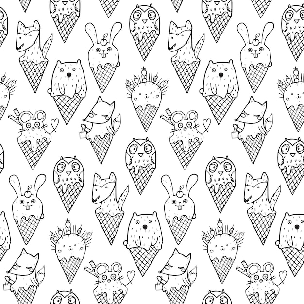 Vector seamless pattern with funny animals in ice cream coness in children s primitive style Hand drawn vector endless background