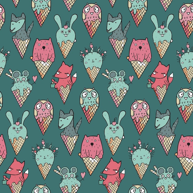 Vector vector seamless pattern with funny animals in ice cream coness in children s primitive style hand drawn vector endless background