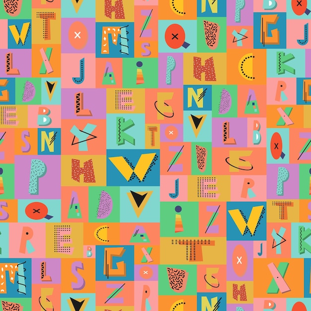 Vettore reticolo senza giunte con lettere colorate divertenti vibrante sfondo multicolore per bambini