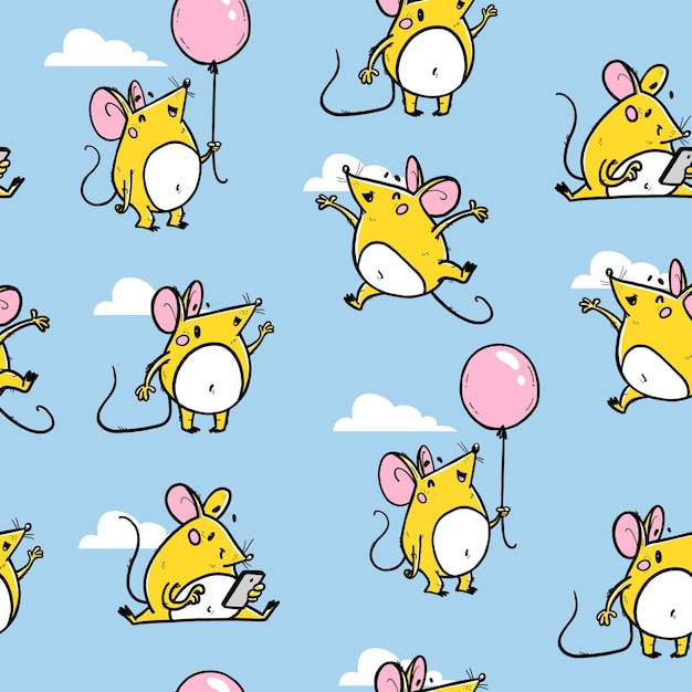 Векторный бесшовный узор со смешными счастливыми нарисованными вручную мышами, изолированными на синем фоне Комический стиль 2020 года, иллюстрация талисмана в разных позах Для дизайна упаковки, баннер, детская печать