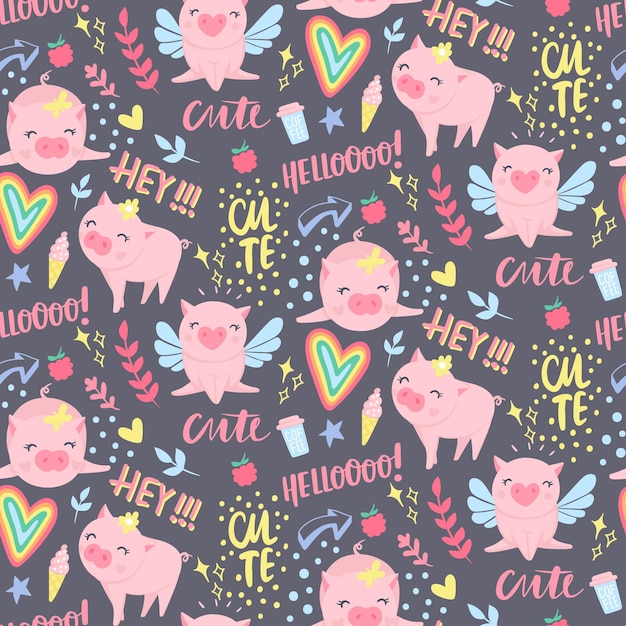 Vector seamless pattern with funny pigs. Elements for New Year's design. Symbol of 2019 on the Chinese calendar. Pig background isolated on white. Cartoon animals for wrapping paper, cards, bedding.