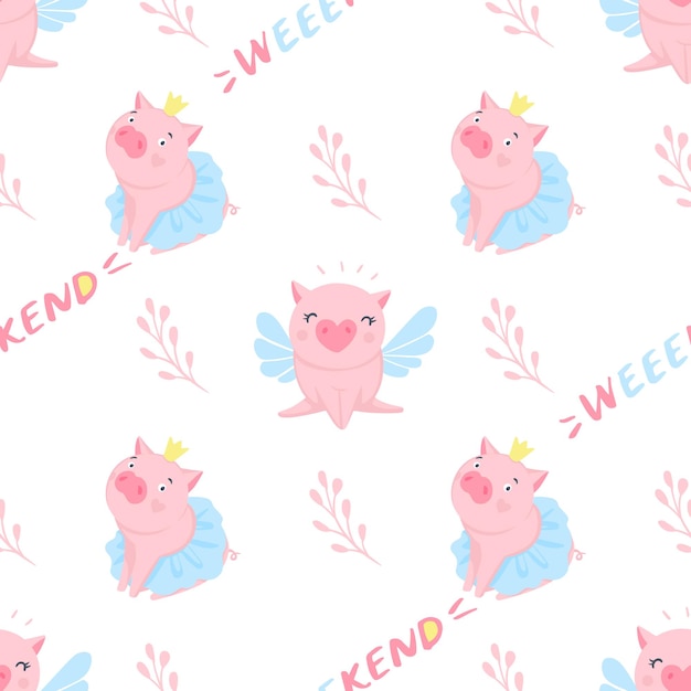 Vector seamless pattern with funny pigs. elements for new year's design. symbol of 2019 on the chinese calendar. pig background isolated on white. cartoon animals for wrapping paper, cards, bedding.